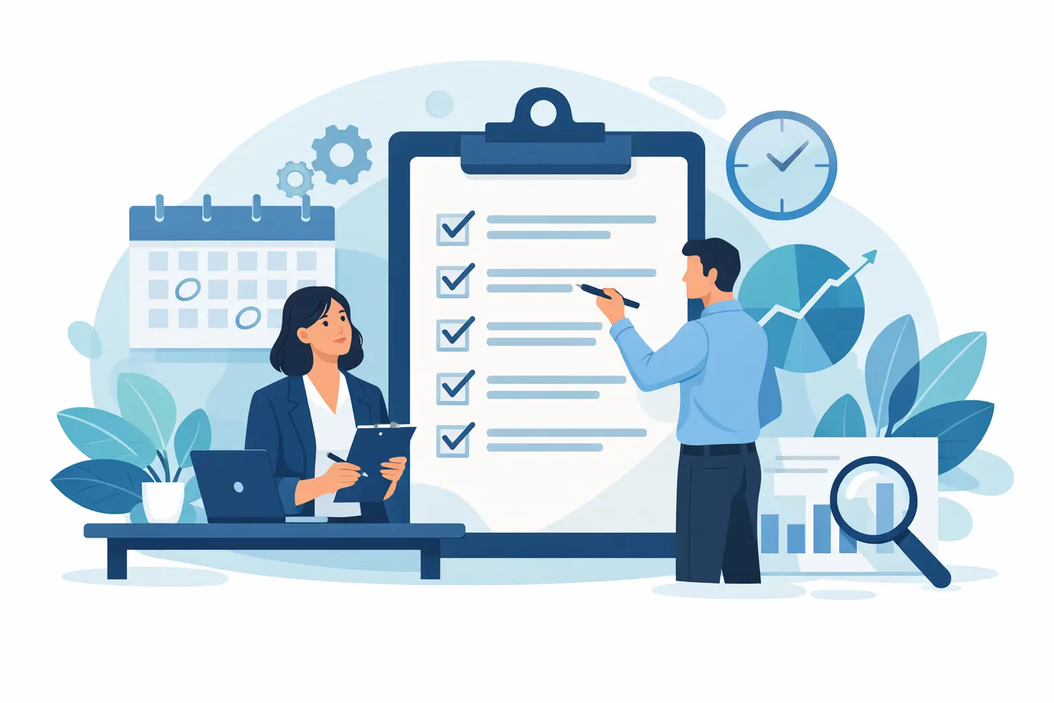 Illustration of two colleagues reviewing a large checklist with calendar, clock and analytics icons around them.
