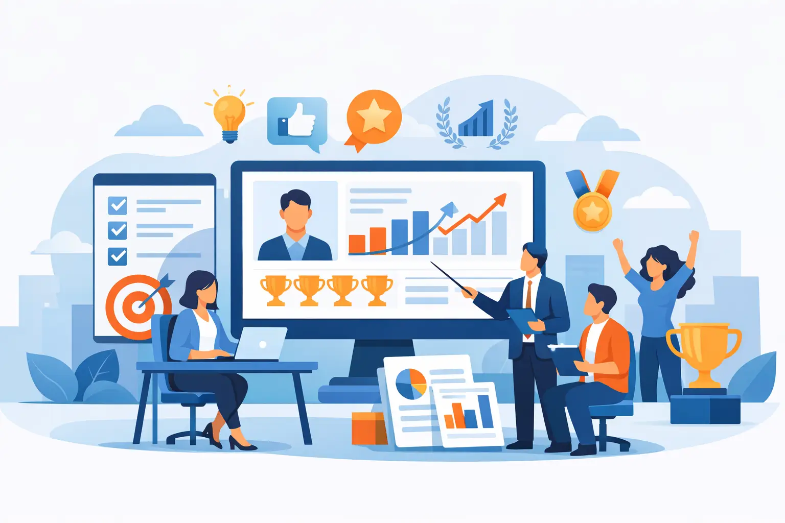 Illustration of colleagues around a large dashboard showing achievements, trophies, charts and a target.