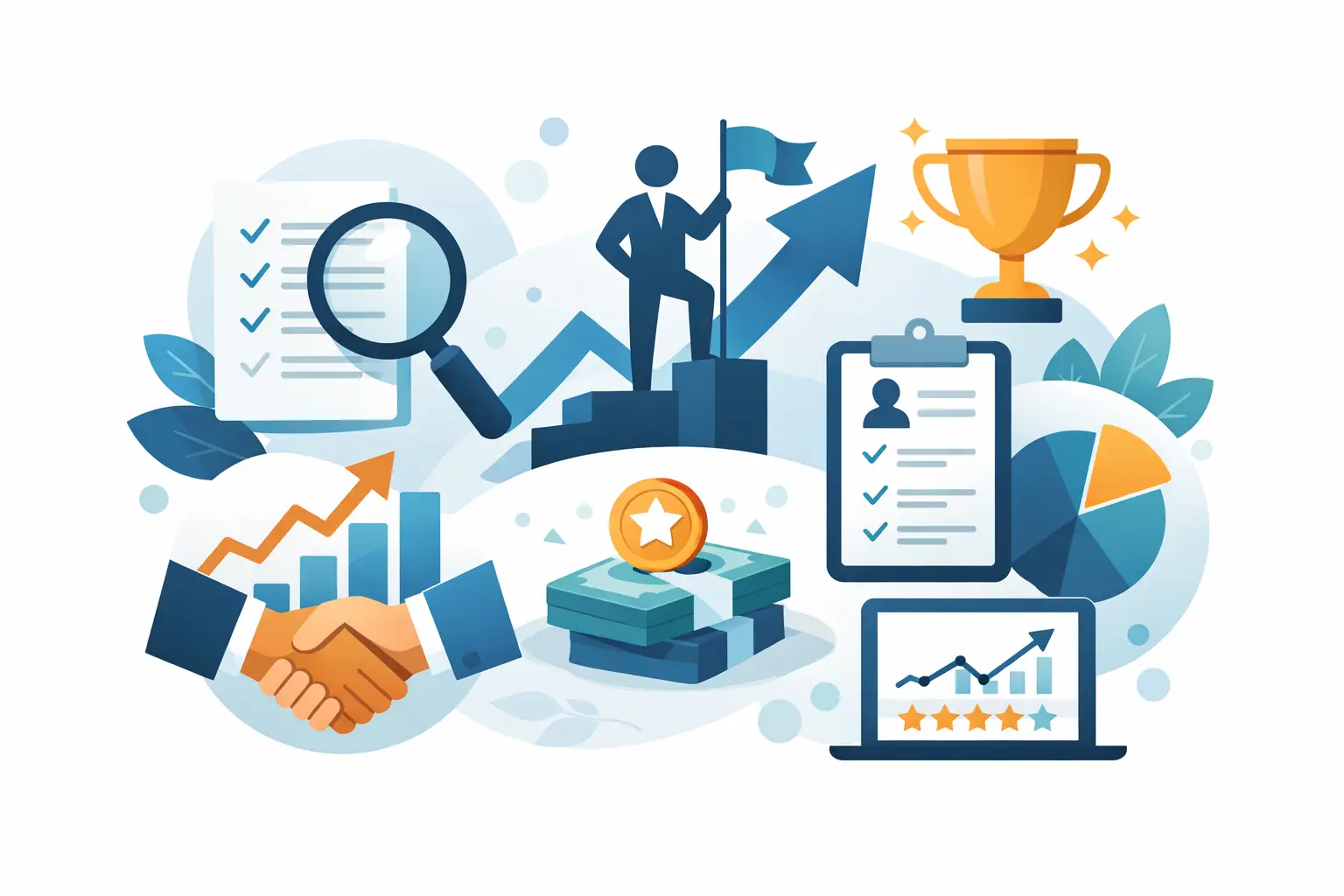 Illustration of promotion evidence categories: handshake, trophy, growth chart, clipboard and pie chart on a soft blue background.