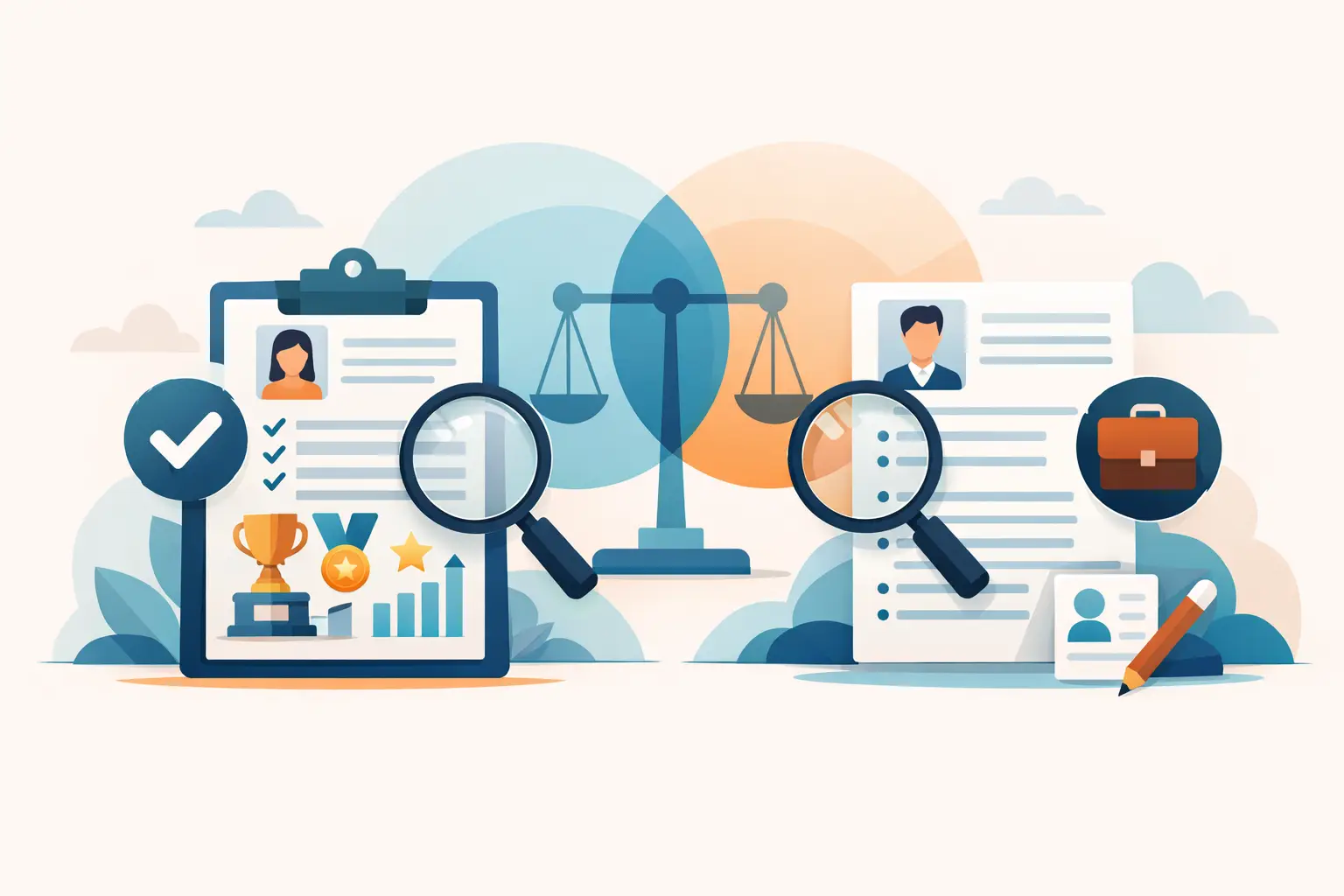 Illustration comparing a brag document with awards and a resume beside scales, magnifying glasses and a briefcase.