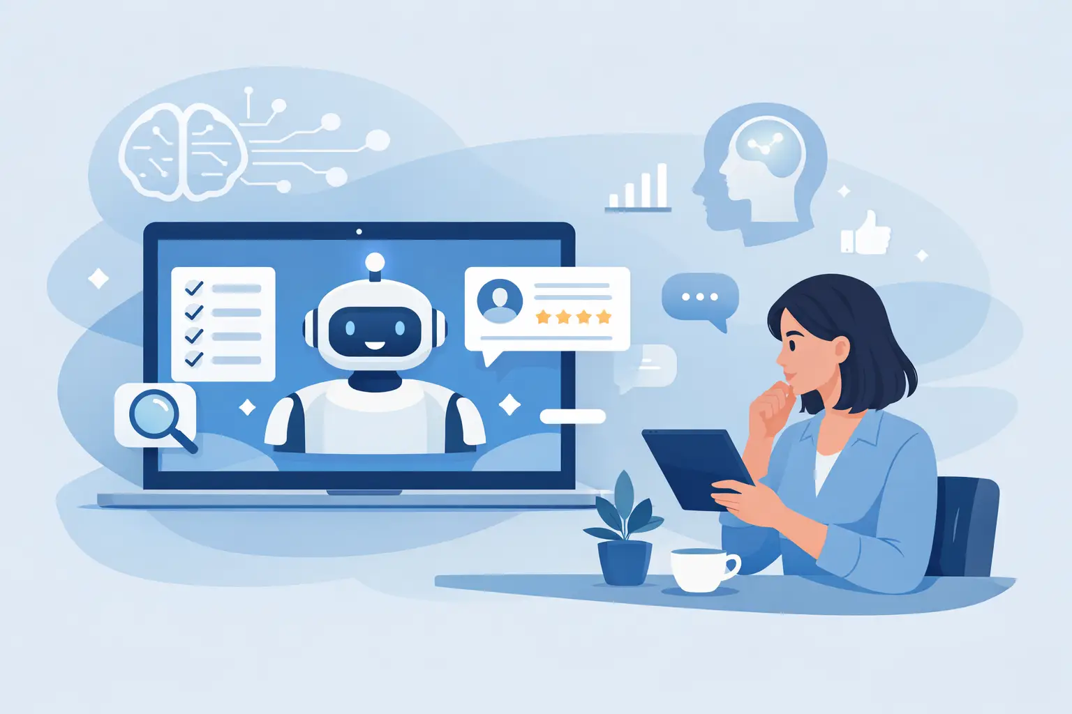Illustration of a professional reviewing AI-generated self-review suggestions on a tablet beside a laptop with a friendly assistant on screen.