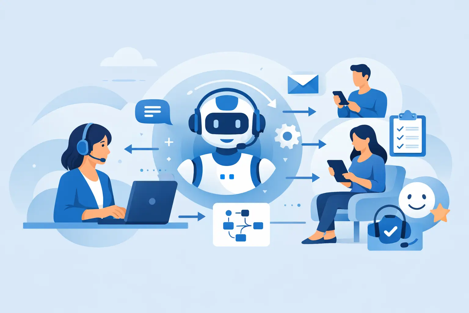Illustration of a support agent at a laptop alongside an AI assistant routing customer messages to other agents and channels.