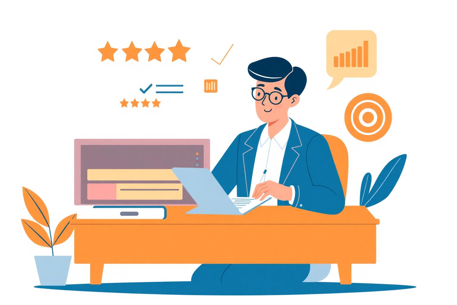 Illustration of a professional writing a self-assessment at a desk with rating stars, checklist, target and chart icons.