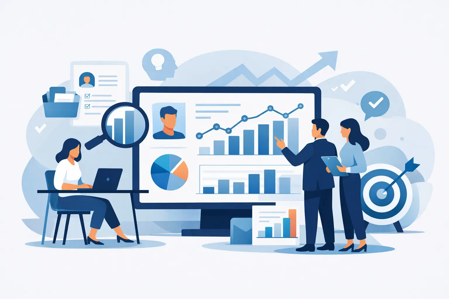 Illustration of colleagues reviewing performance evidence on a large dashboard with charts, ratings and a target.