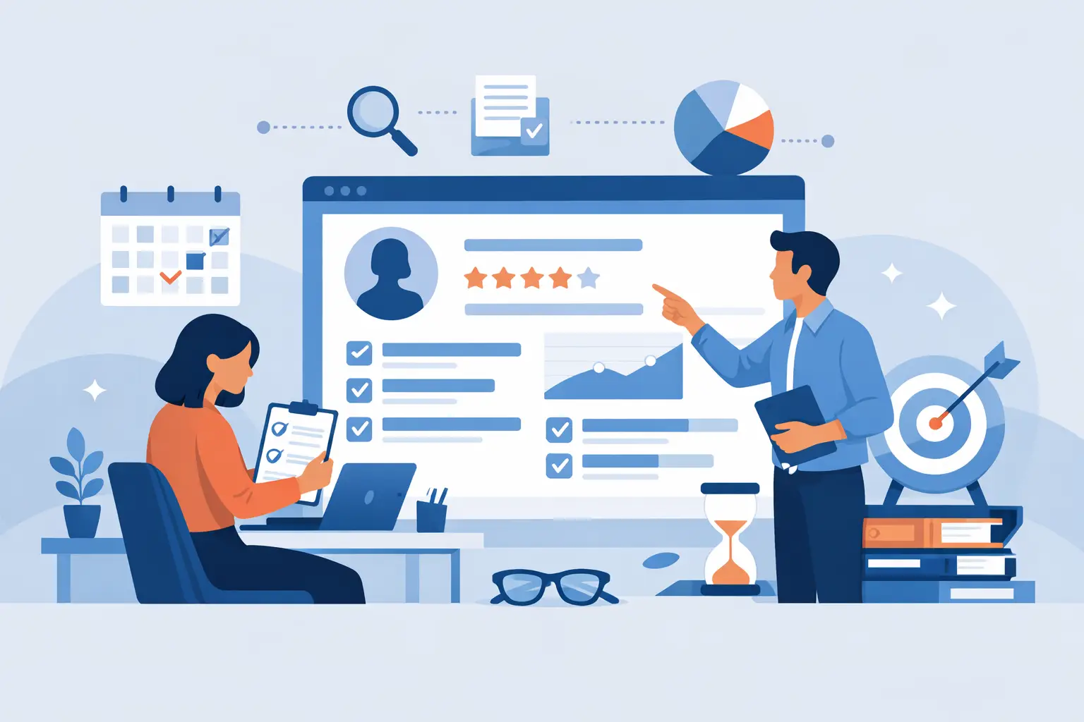Illustration of two colleagues reviewing performance evidence on a large dashboard with checklists, ratings and progress charts.