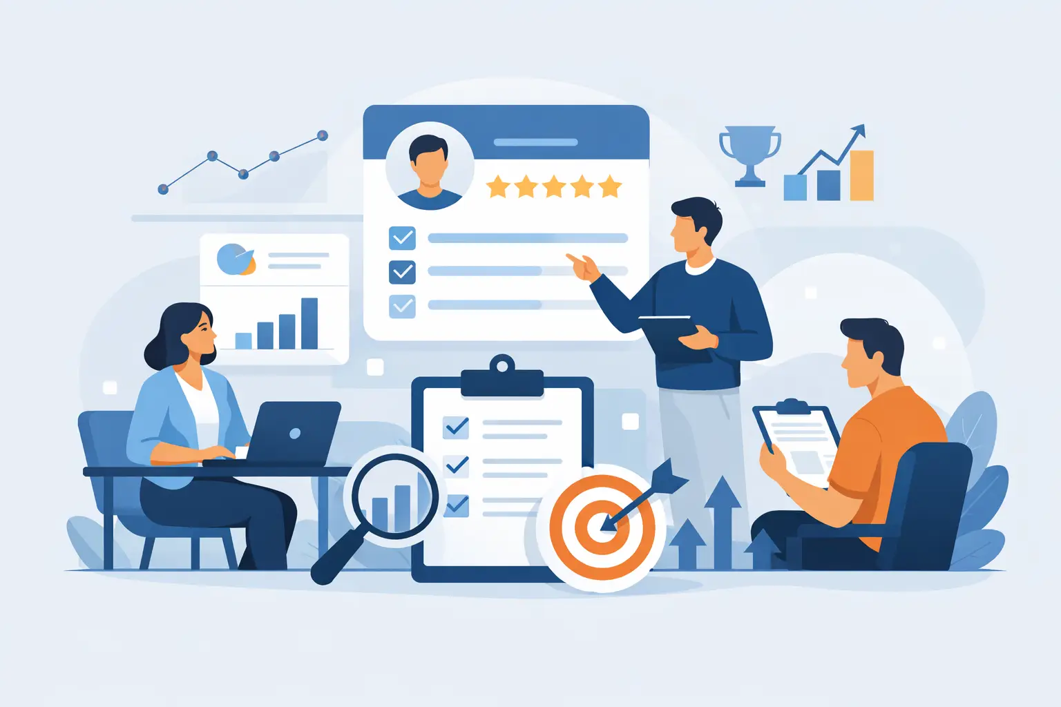 Illustration of a team reviewing performance evidence on a dashboard with charts, checklists, and a target.