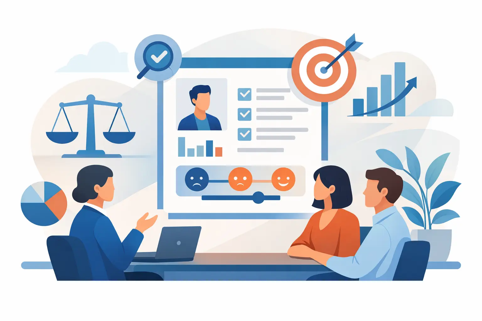 Illustration of a manager and two team members discussing a performance review with scales, charts, and a target on screen.