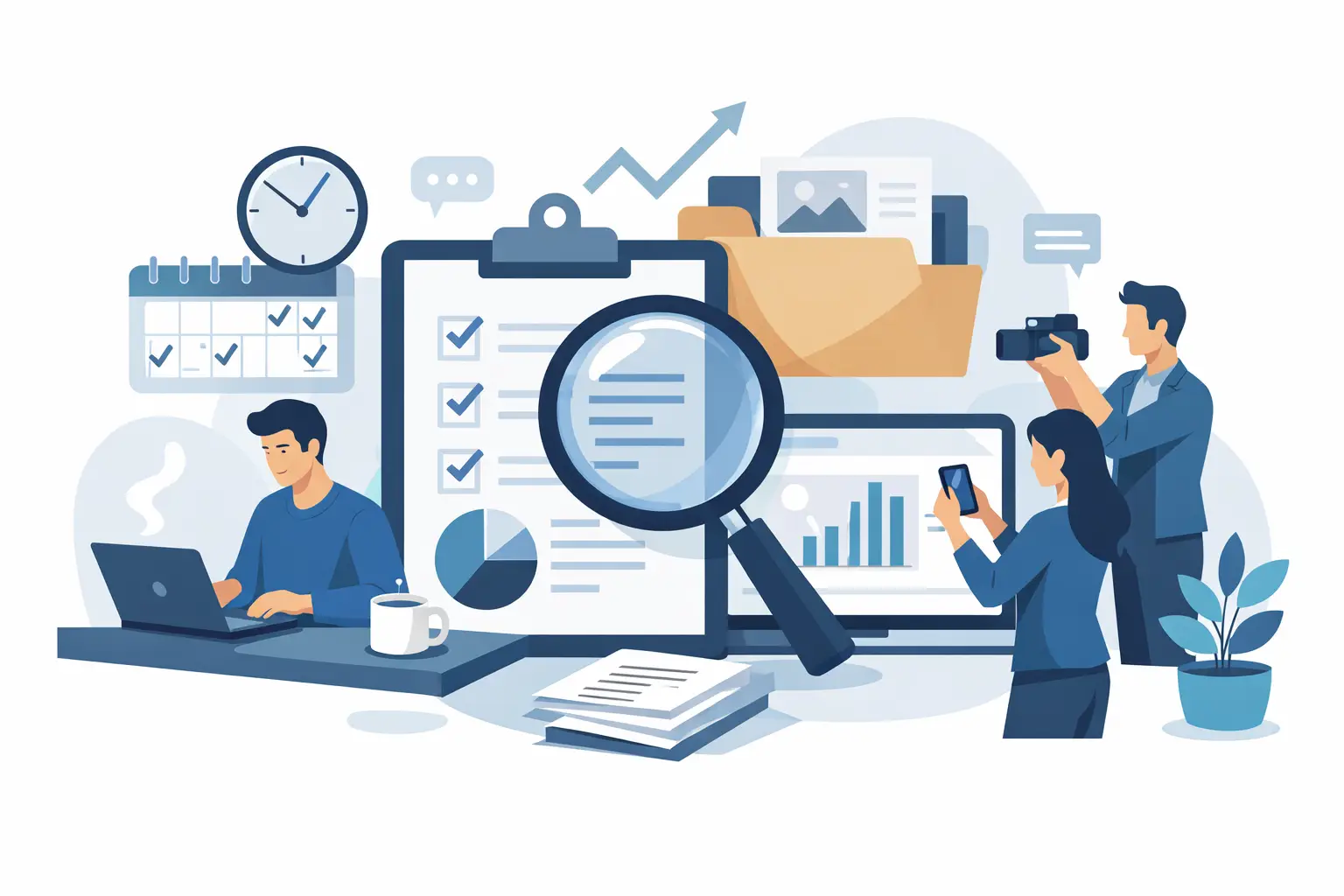 Illustration of colleagues capturing weekly evidence on checklists, dashboards and folders around a clipboard and calendar.