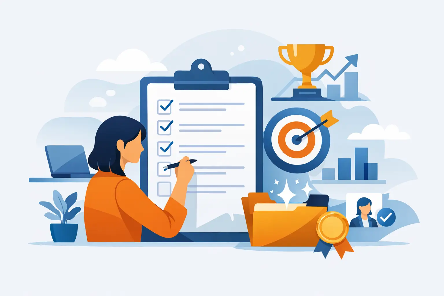 Illustration of a professional reviewing a checklist alongside a trophy, target, charts and a folder of accomplishments.