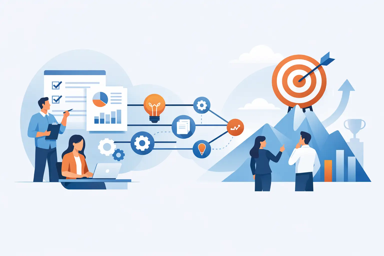 Illustration of a team connecting tasks, charts and ideas through workflow nodes leading to a target on a mountain peak.