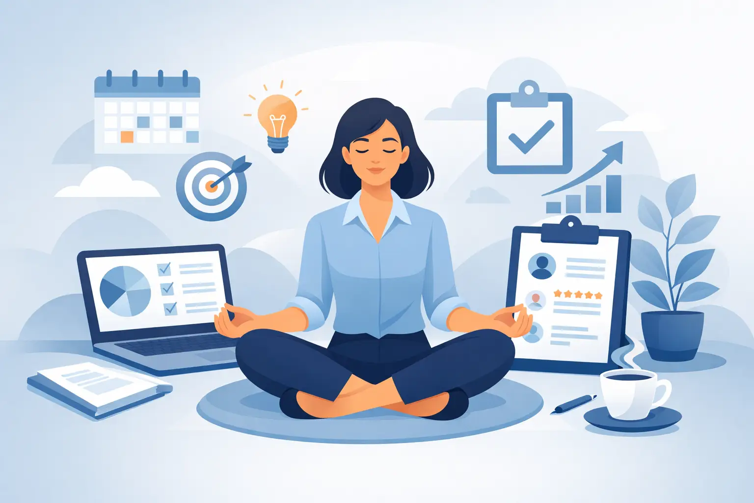 Illustration of a calm professional meditating surrounded by review icons — calendar, checklist, goals, and charts.