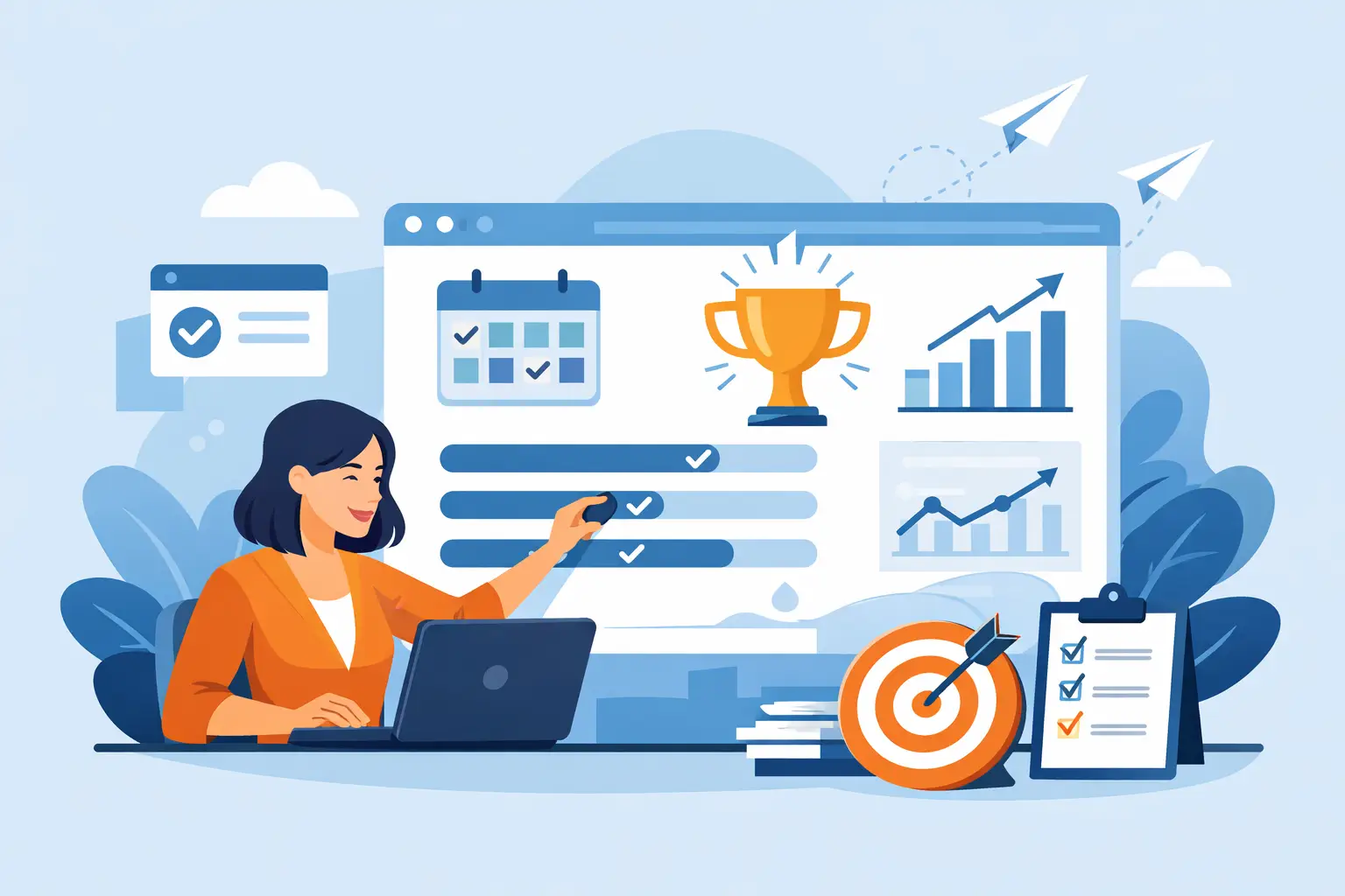 Illustration of a professional updating a dashboard with checklist items, trophy and chart icons representing tracked wins.