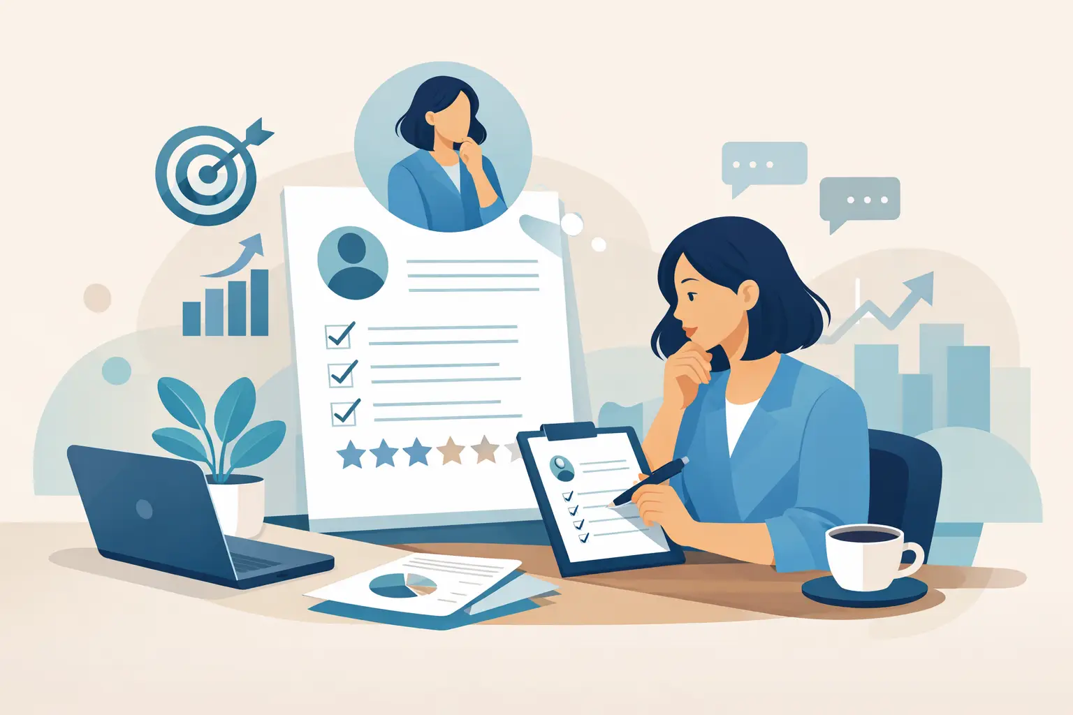 Illustration of a person at a desk reviewing a performance review form with charts and checklists in the background.