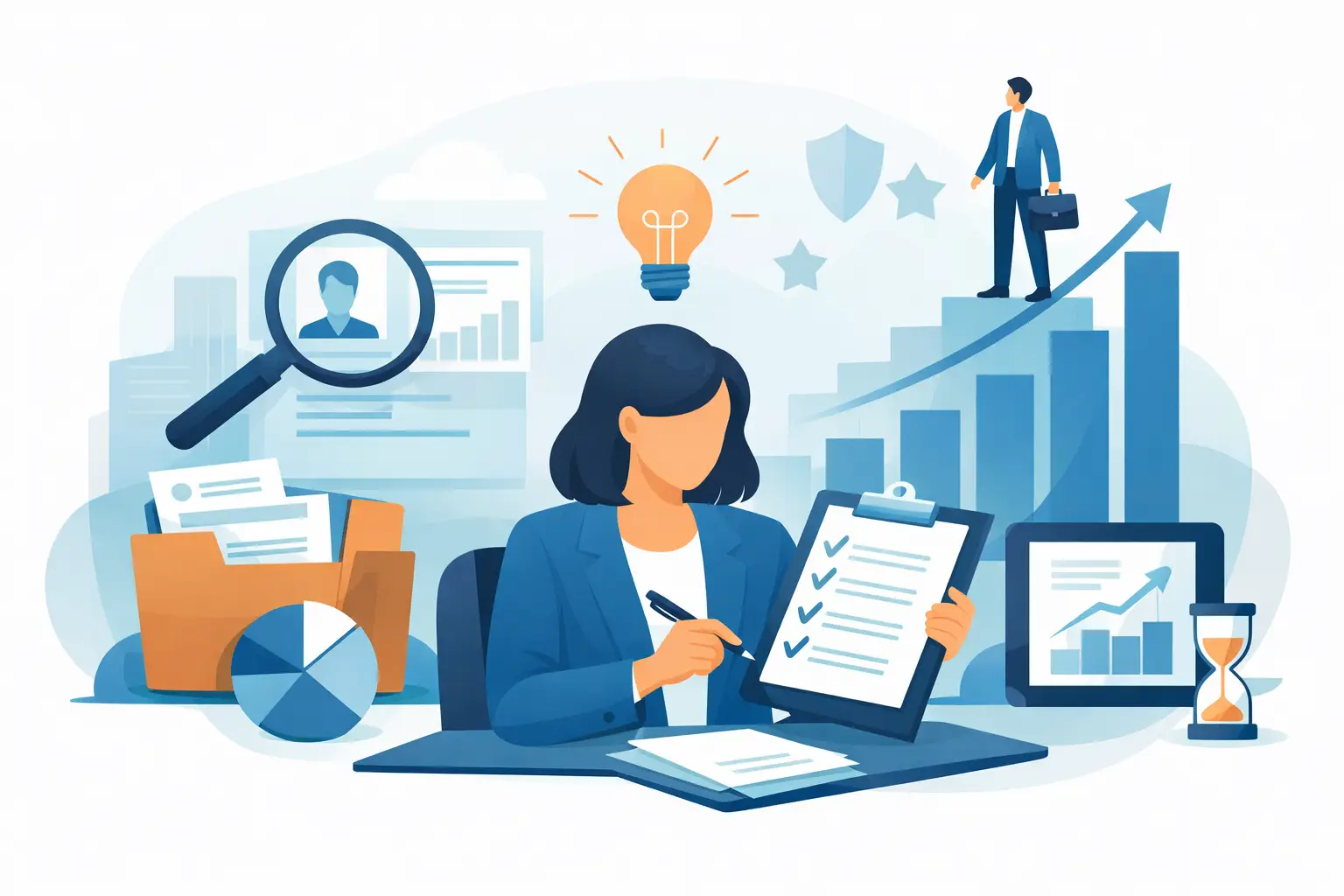 Illustration of a professional with a checklist beside a growth chart and figure climbing a staircase to the next level.