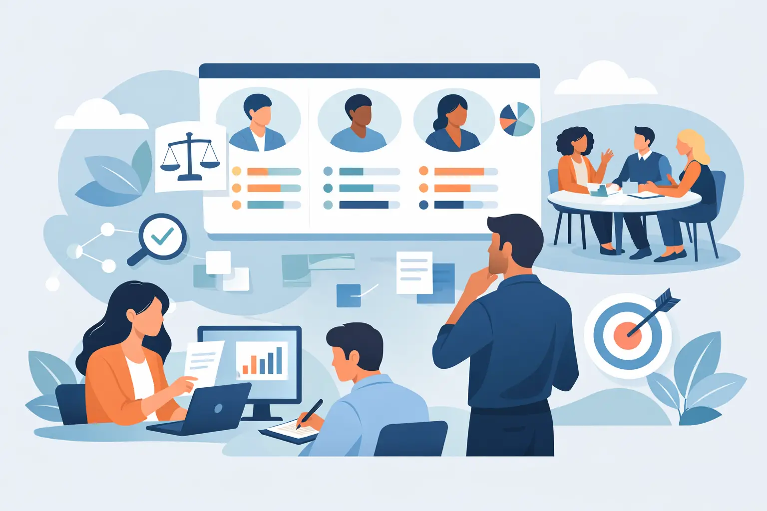 Illustration of managers reviewing team profiles and ratings on a screen with a calibration meeting in the background.