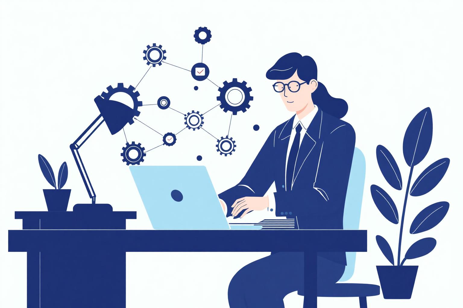 Illustration of a professional at a laptop with connected workflow gears and automation nodes representing a no-code AI workflow.