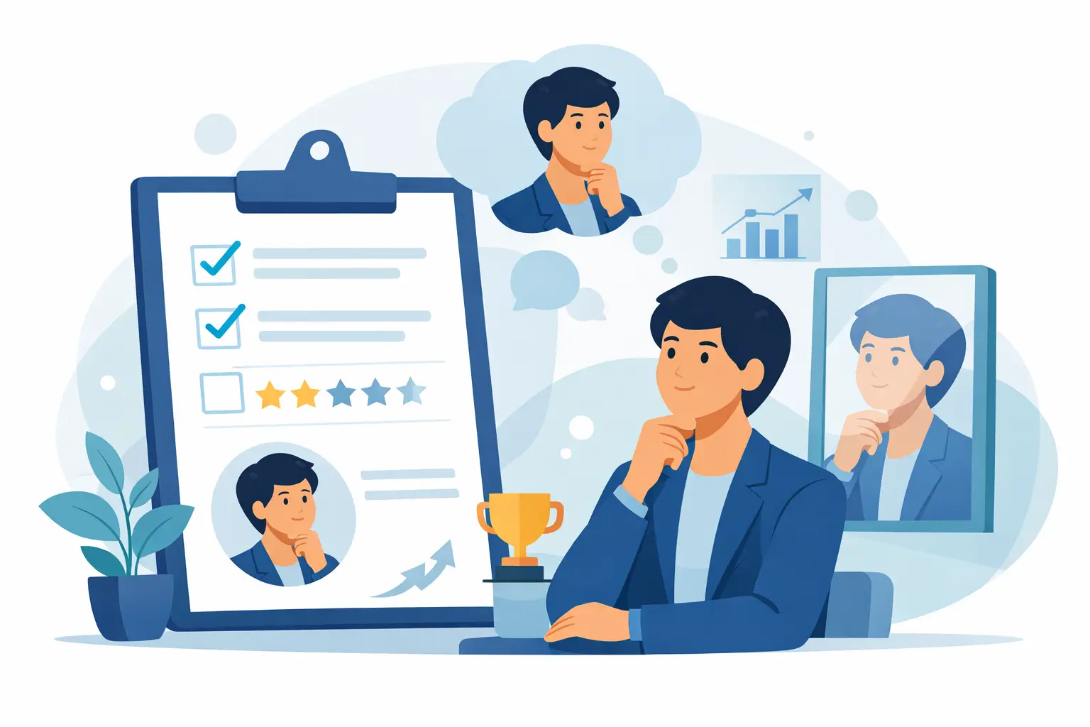 Illustration of a professional reflecting beside a self-review clipboard with checklist, rating stars, trophy and growth chart.