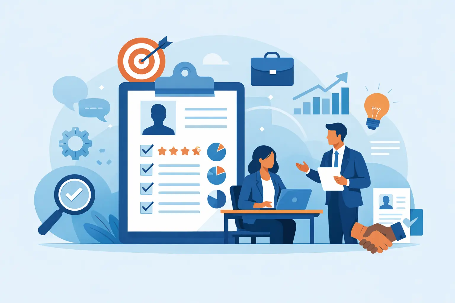 Illustration of two colleagues discussing a performance review clipboard with rating stars, target and chart icons.