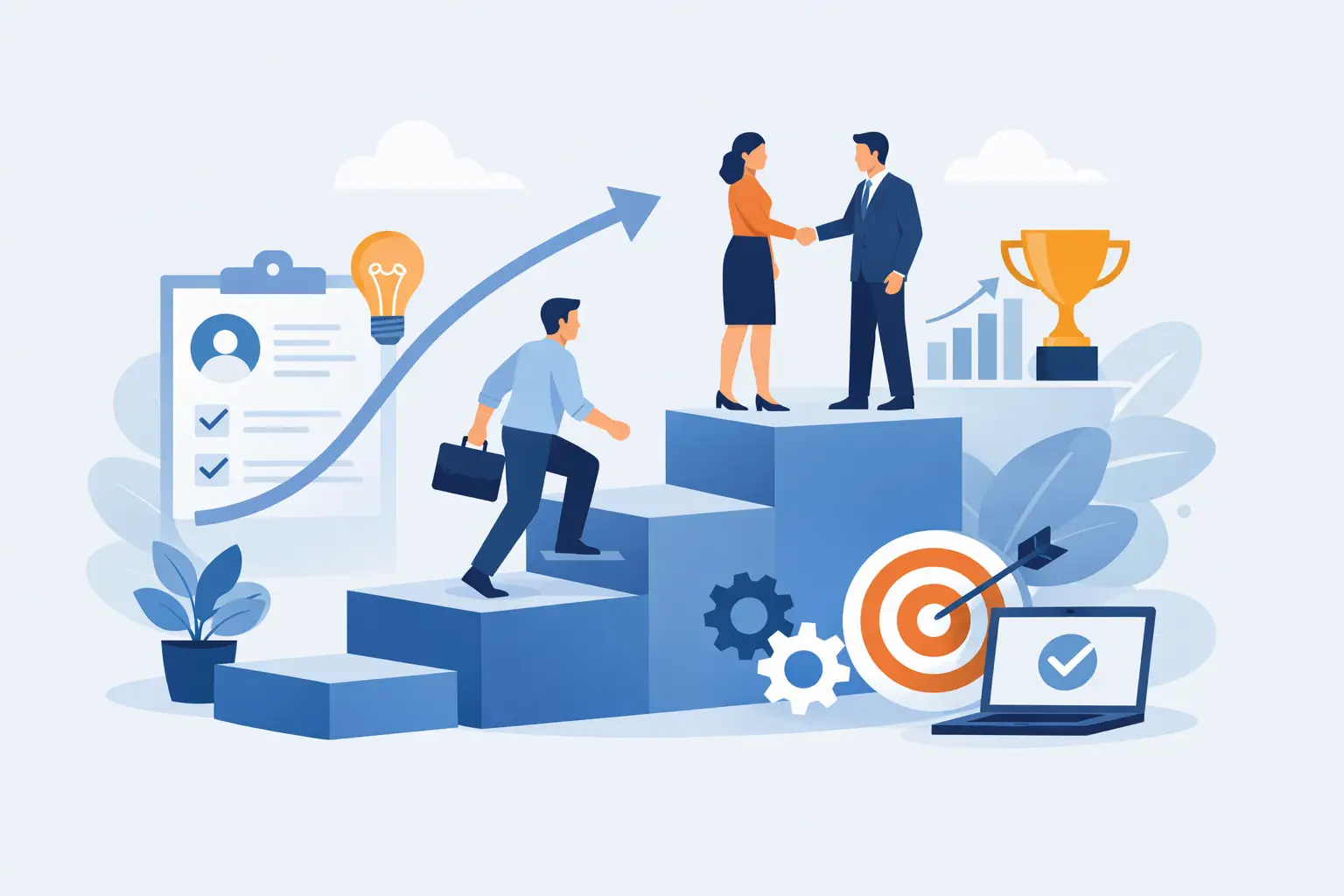 Illustration of a person climbing career steps toward a handshake, with a trophy, target, growth chart and clipboard nearby.