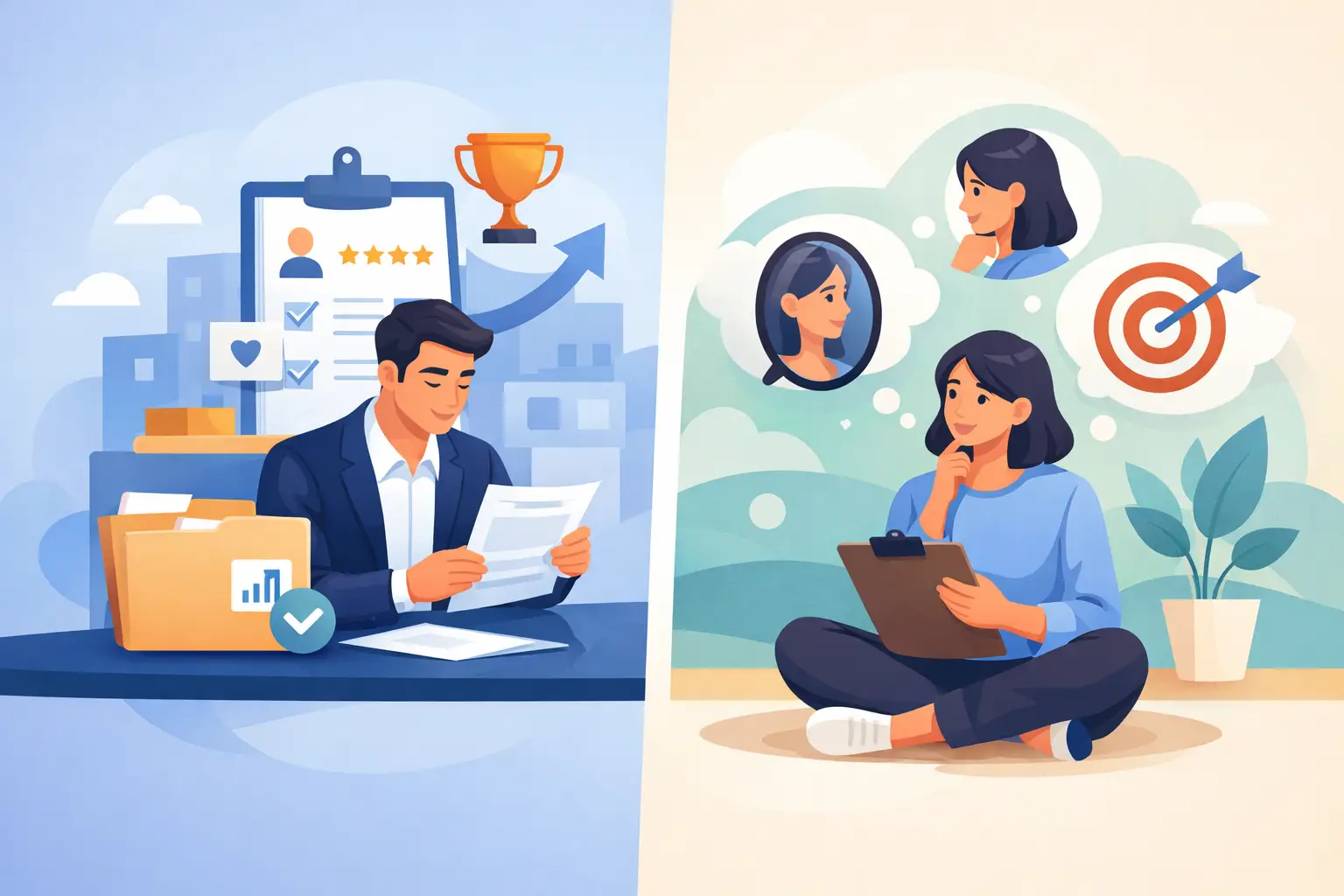 Split illustration contrasting a manager reviewing a promotion packet on one side with a professional reflecting on a self-review on the other.