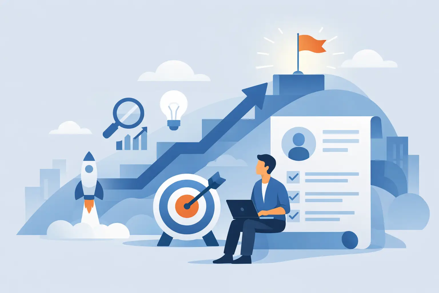 Illustration of a senior individual contributor at a laptop with a rising arrow, target, rocket and profile document representing career progression.