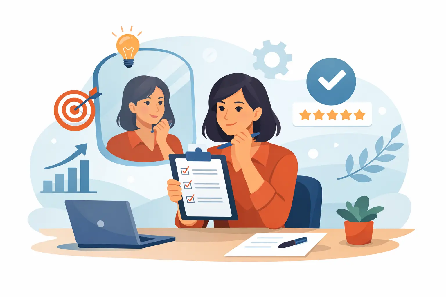 Illustration of a person at a desk holding a checklist clipboard, surrounded by goal, growth and review icons.