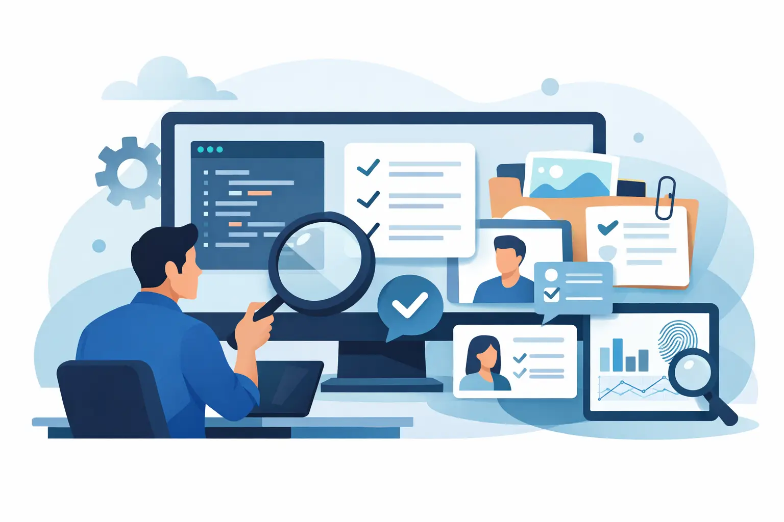 Illustration of a software engineer at a monitor with code, a magnifying glass over review notes, teammate cards and charts.