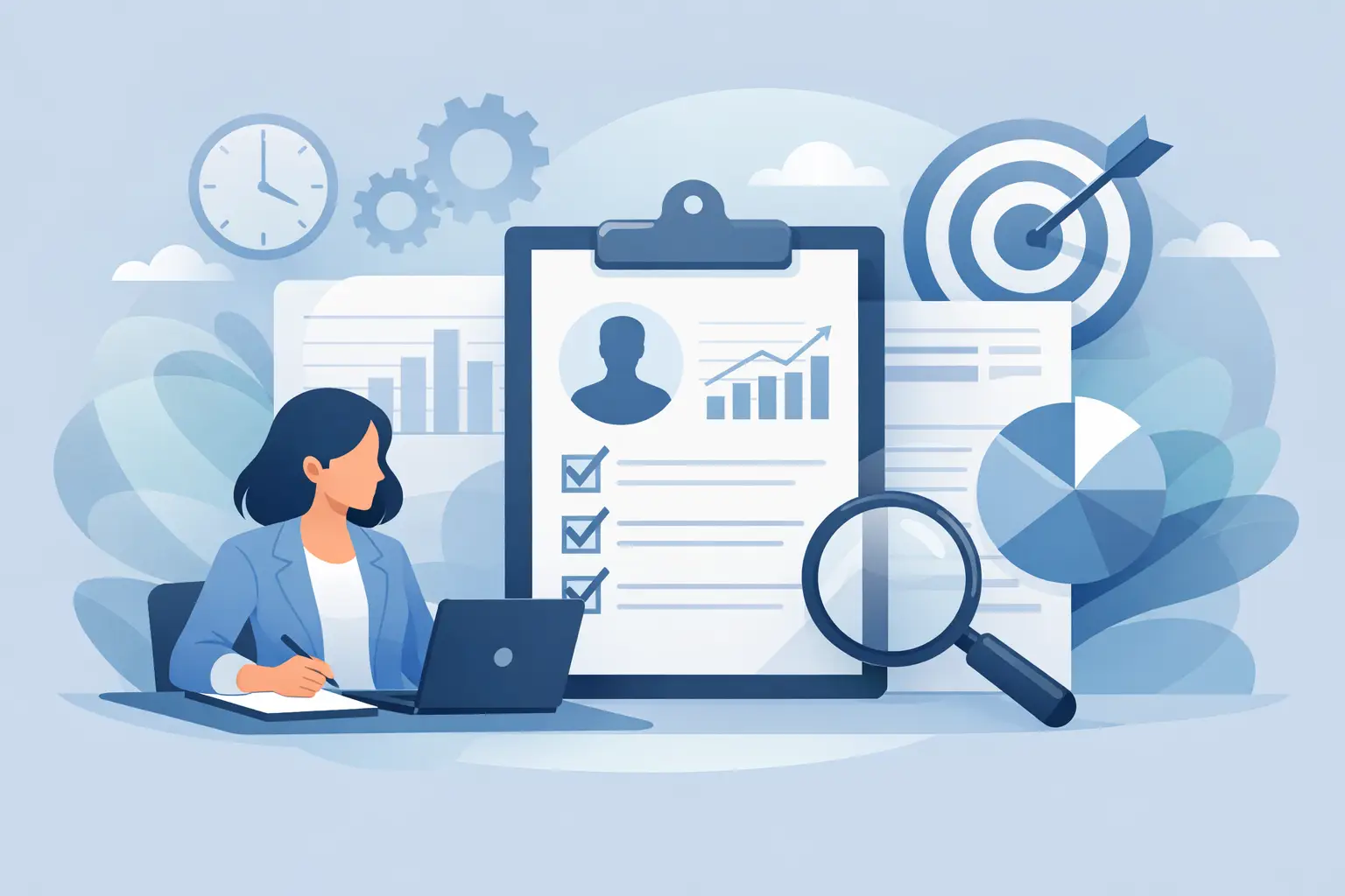 Illustration of a professional preparing a performance review at a laptop with a clipboard, charts, magnifier, and target nearby.