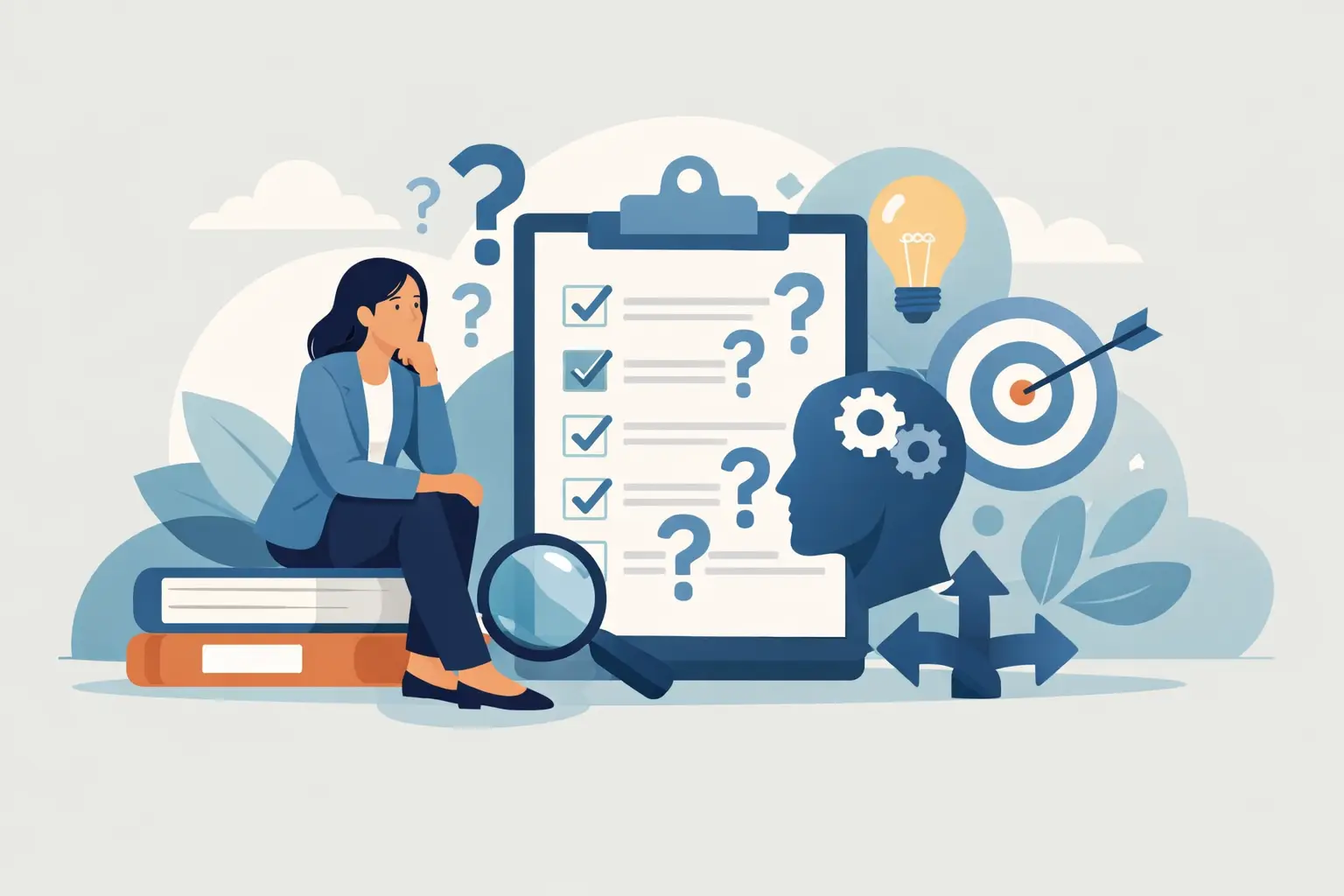 Illustration of a person thinking beside a large clipboard of checked questions, a lightbulb, target and profile icons.