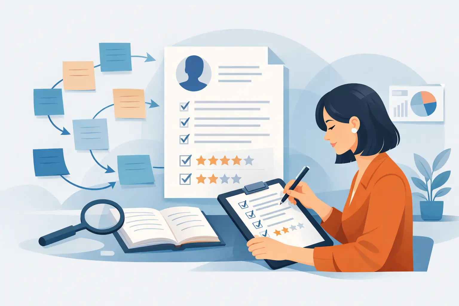 Illustration of a person reviewing a checklist and self-review document at a desk, with sticky notes, a magnifying glass and charts nearby.