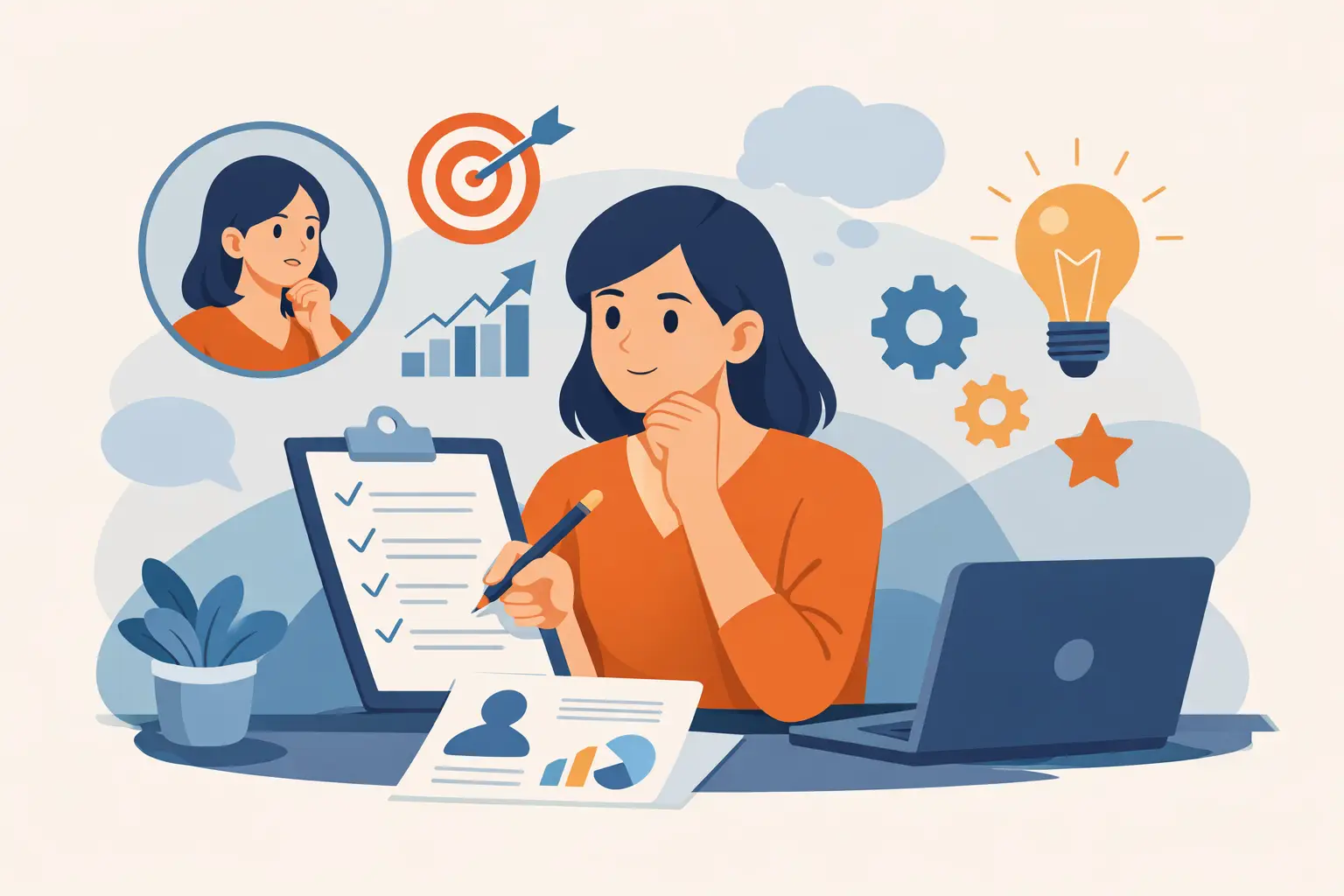 Illustration of a person at a desk thoughtfully writing a self-review checklist beside a laptop, chart, target and lightbulb.