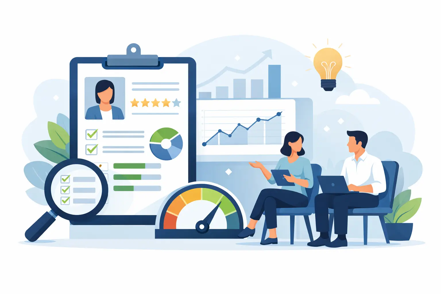 Illustration of a clipboard with checklists, charts, and two colleagues discussing performance review evidence.