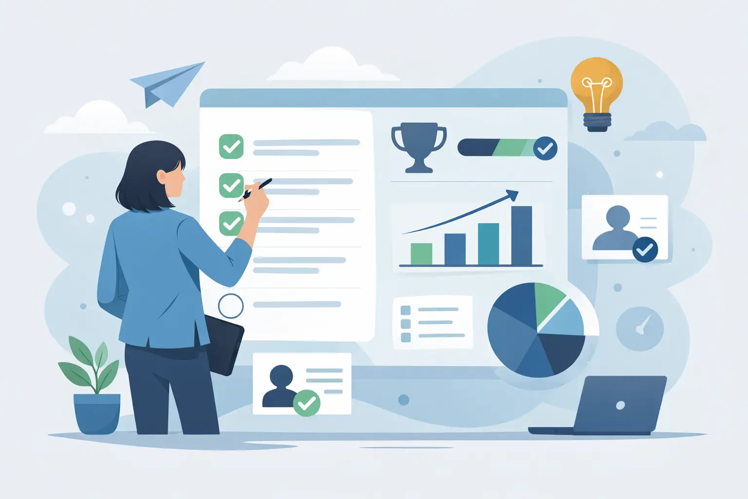 Illustration of a professional ticking off accomplishments on a large dashboard with charts, trophy, profile cards and a growth graph.